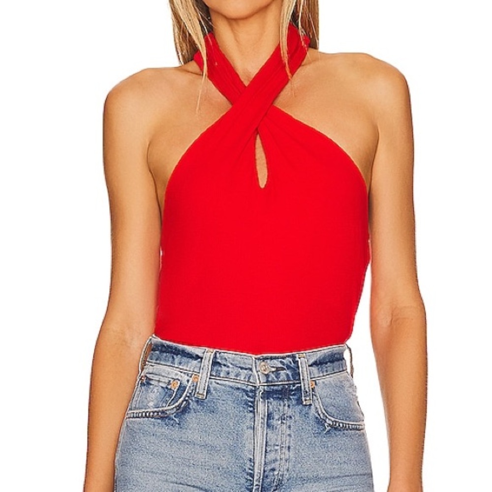 Revolve Bobi Red Ribbed Halter Neck Women's Top